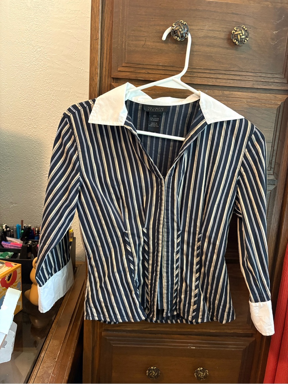 The Limited Strerch Navy and White Vertical-Stripe Shirt